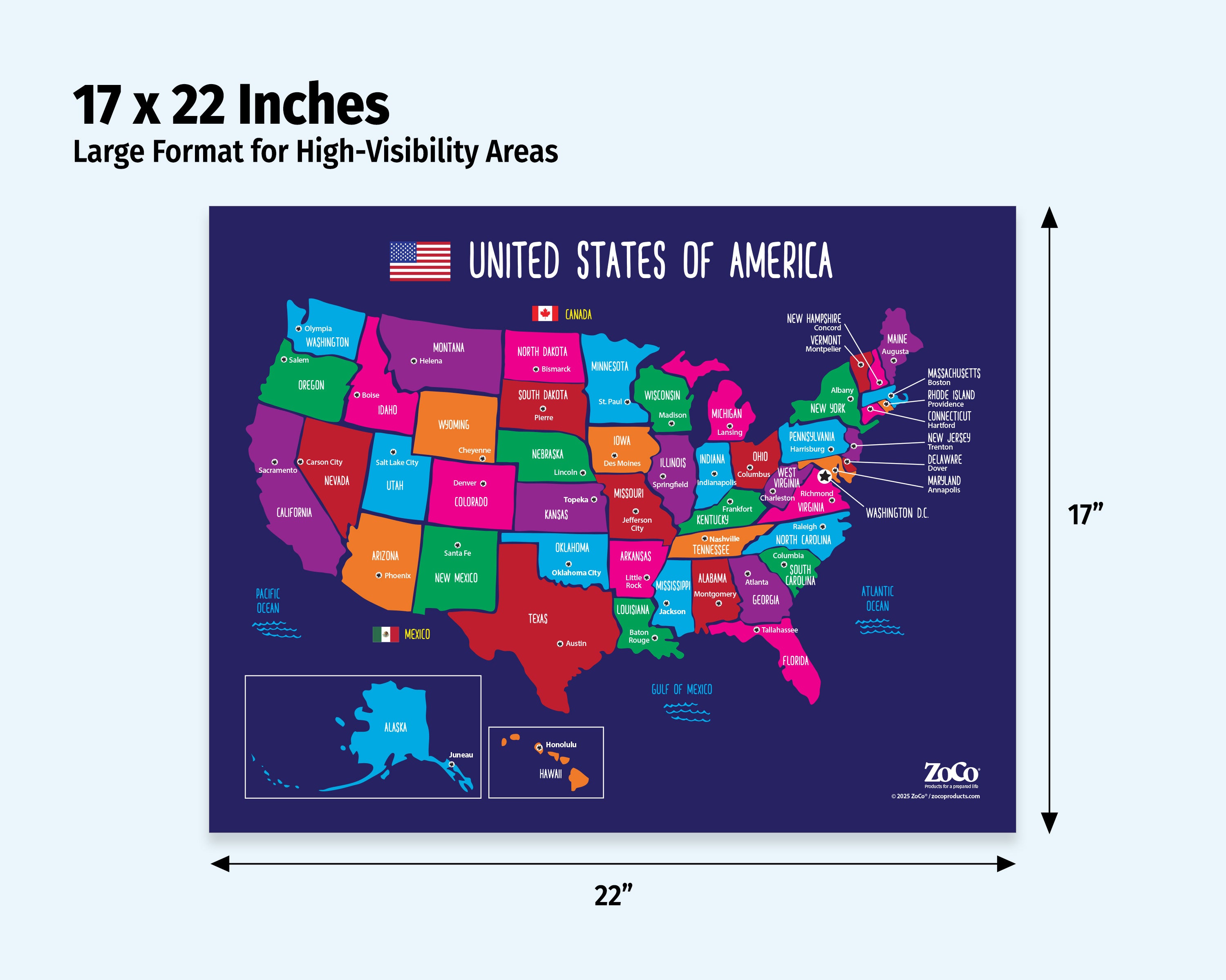 USA Map with State Capitals Poster — Laminated — ZoCo Products