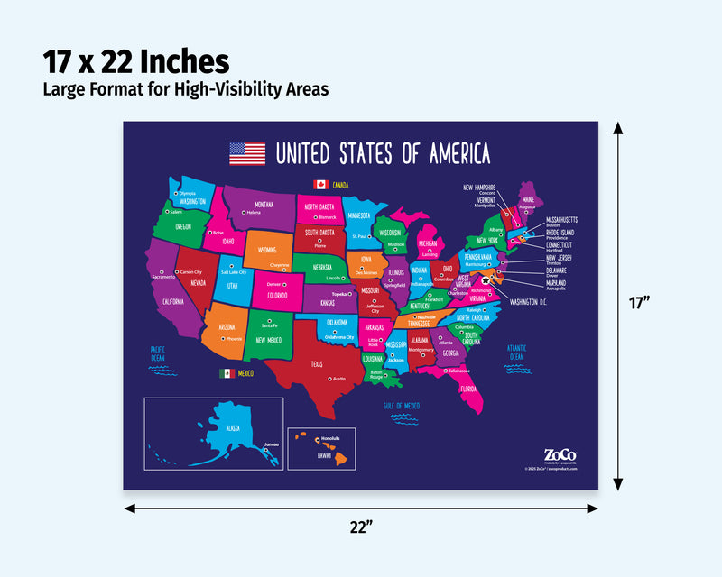 Colorful map of the United States with dimensions labeled on a light blue background