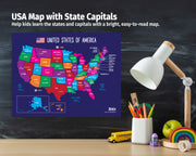 USA map with state capitals on a blackboard background with educational items.