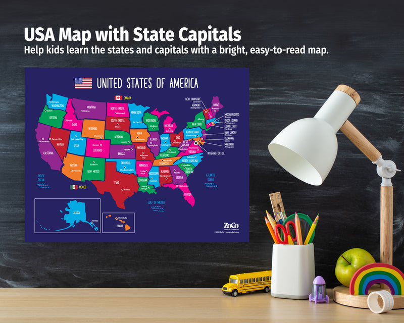 USA map with state capitals on a blackboard background with educational items.