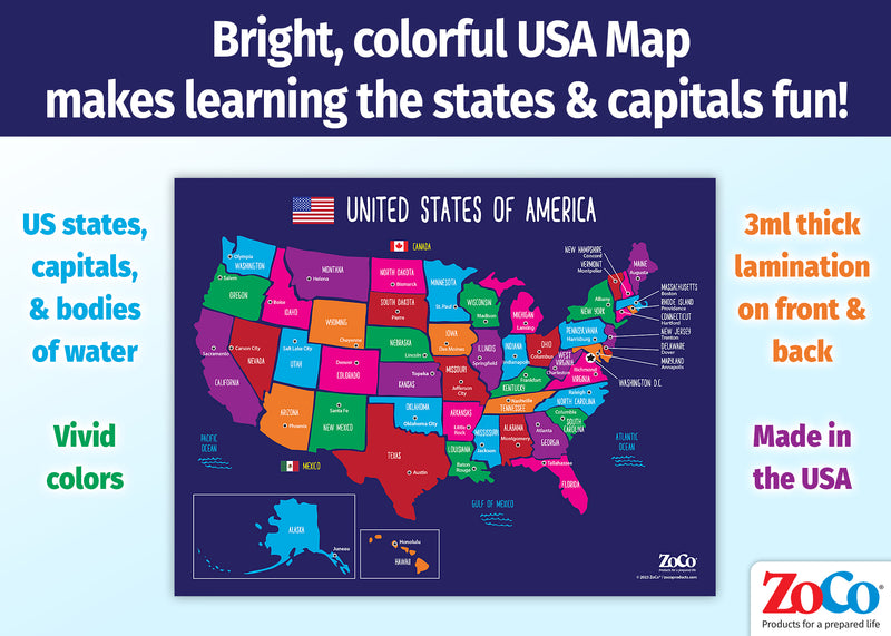 USA Map with State Capitals — Laminated Poster — 17 × 22