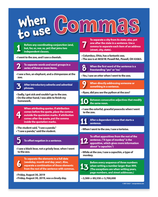Chart titled 'When to use Commas' with colorful examples on a blue background