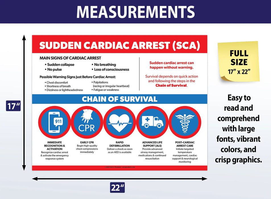 Sudden Cardiac Arrest (SCA) / Chain of Survival - Laminated Poster - 17"x22"