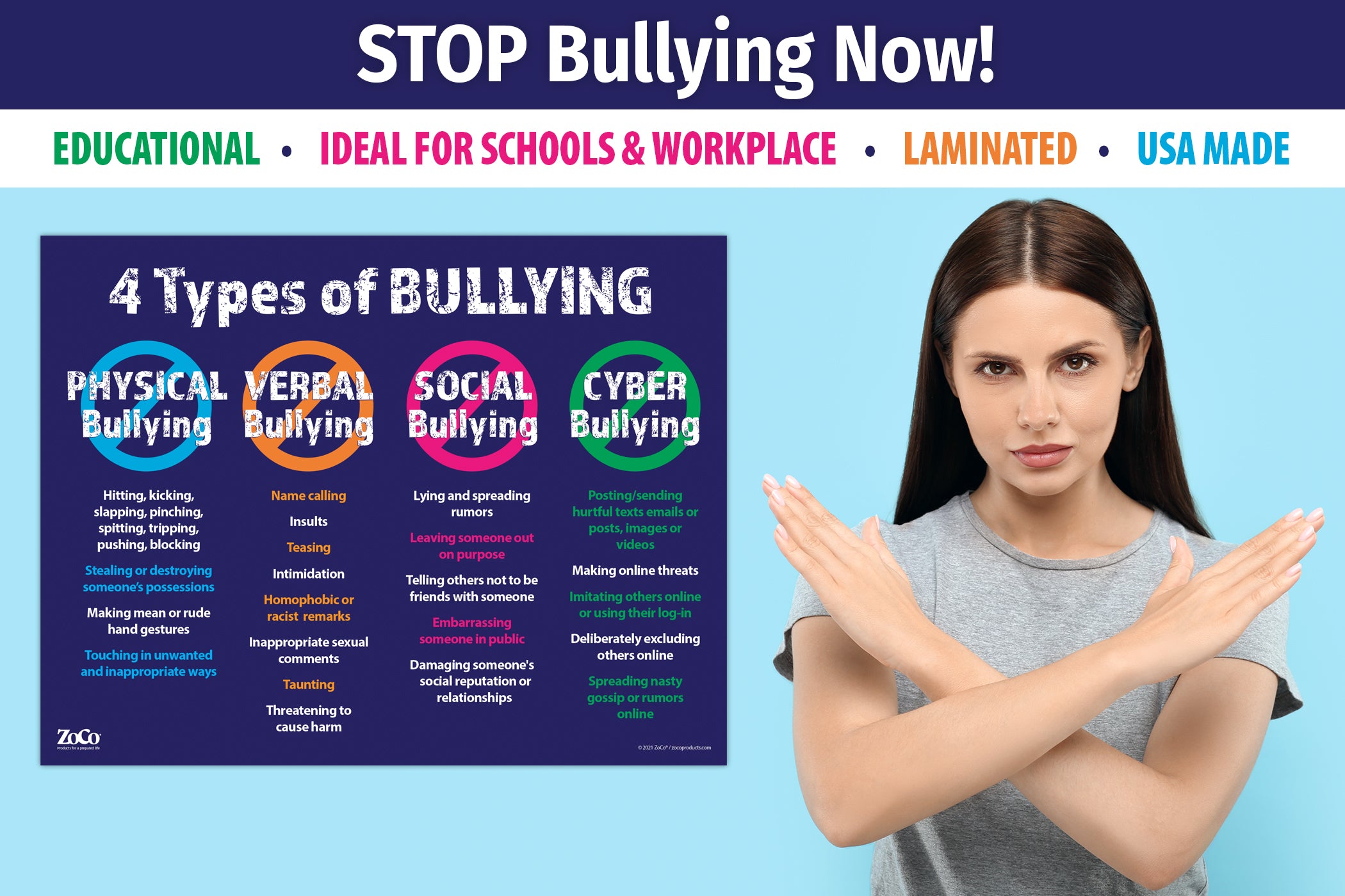 4 Types of Bullying Poster - Laminated, 17 x 22 in. or 12 x 18 in ...