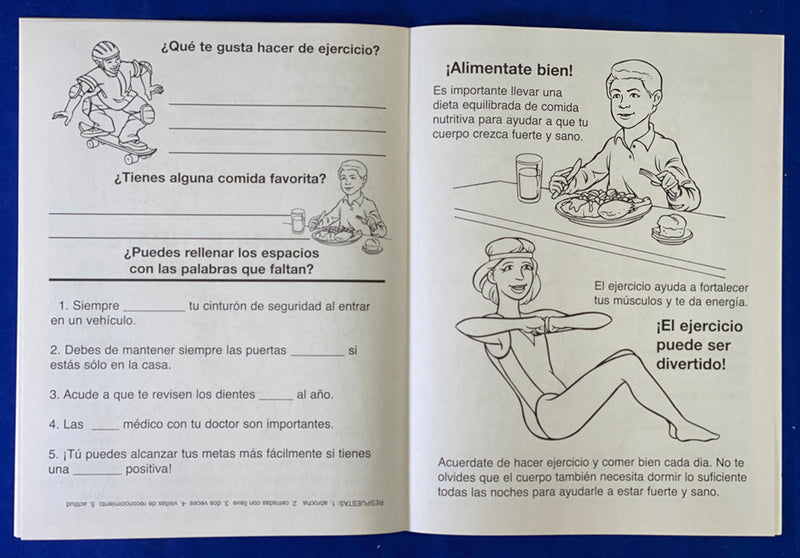 Spanish kids coloring book inside pages about healthy habits and personal safety