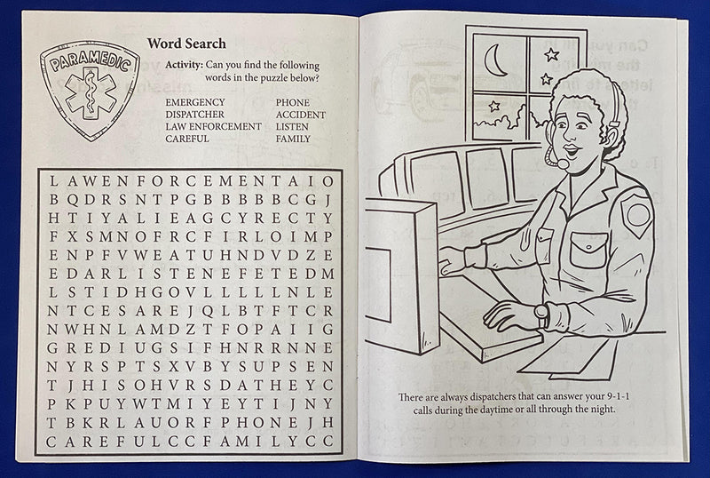 Inside pages of Learn About 911 kids coloring and activity book