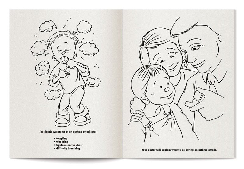 Kids asthma coloring book inside pages about symptoms, triggers, and staying active