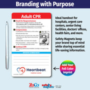 CPR card with Heartbeat Medical Center branding on a promotional graphic for safety magnets.