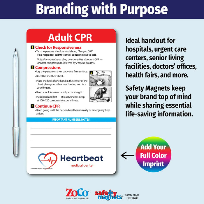 CPR card with Heartbeat Medical Center branding on a promotional graphic for safety magnets.
