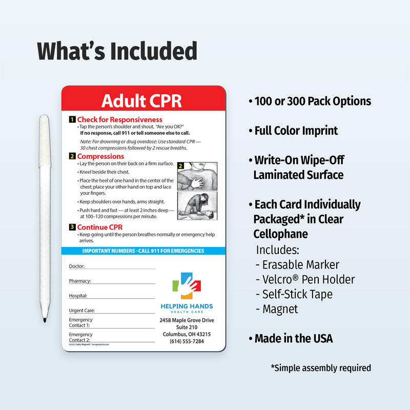 CPR card with pen and features listed on a white background