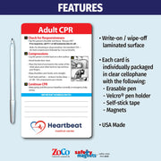 Adult CPR card with pen on a blue background, featuring Heartbeat Medical Center branding.