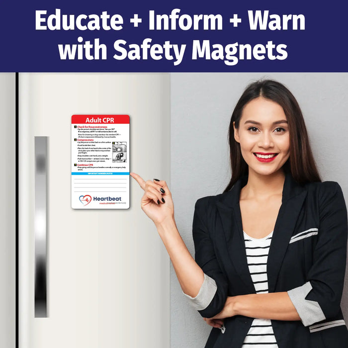 Woman pointing to a safety magnet on a refrigerator with text 'Educate + Inform + Warn with Safety Magnets'.