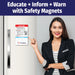 Woman pointing to a safety magnet on a refrigerator with text 'Educate + Inform + Warn with Safety Magnets'.
