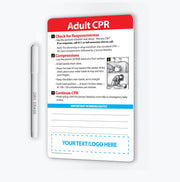 Dry erase board with CPR instructions and a pen on a white background