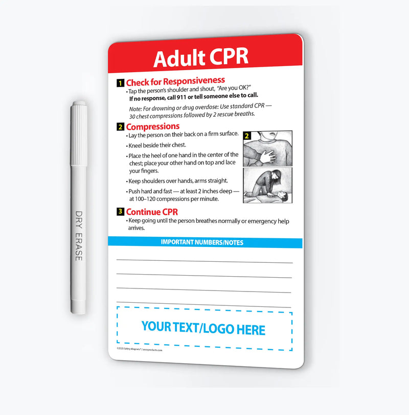 Dry erase board with CPR instructions and a pen on a white background
