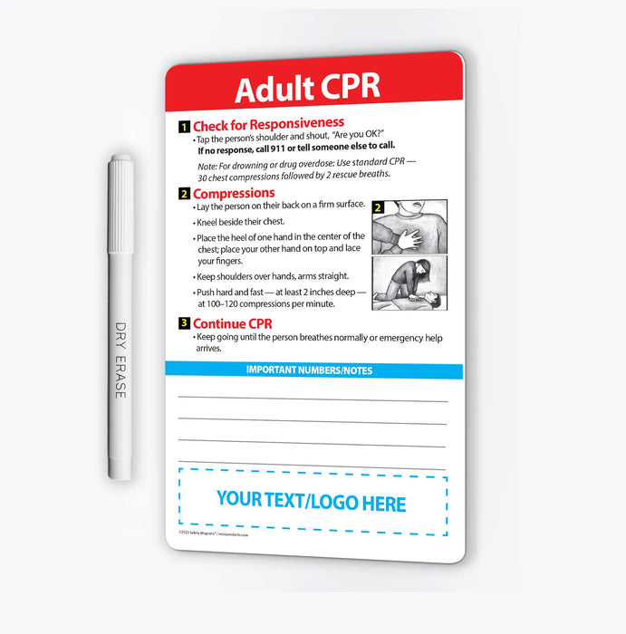 Dry erase board with CPR instructions and a pen on a white background