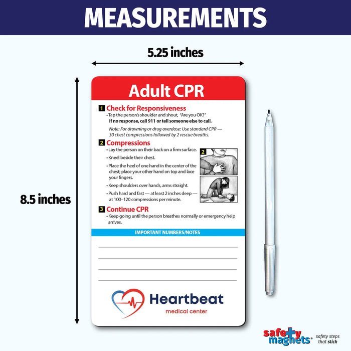 CPR pocket guide with measurements and Heartbeat Medical Center branding