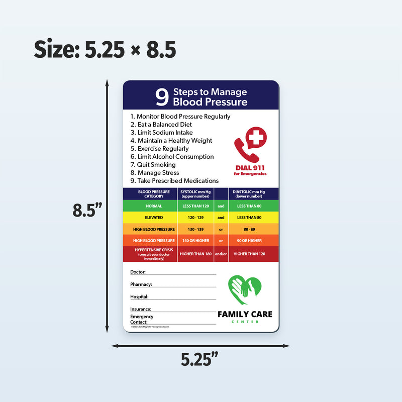 Fridge magnet with '9 Steps to Manage Blood Pressure' and a color chart on a white background