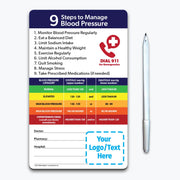Blood pressure management magnet with 9 steps to maintain healthy levels, including monitoring regularly, eating a balanced diet, limiting sodium, exercising, reducing alcohol, quitting smoking, managing stress, and taking medications if prescribed. Features a color-coded blood pressure chart from normal to hypertensive crisis, with emergency contact fields and customizable logo/text area at the bottom.