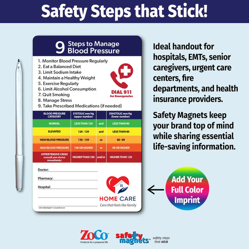 Blood pressure management magnet with 9 steps to maintain healthy levels, including monitoring regularly, eating a balanced diet, limiting sodium, exercising, reducing alcohol, quitting smoking, managing stress, and taking medications if prescribed. Features a color-coded blood pressure chart from normal to hypertensive crisis, with emergency contact fields and customizable logo/text area at the bottom.