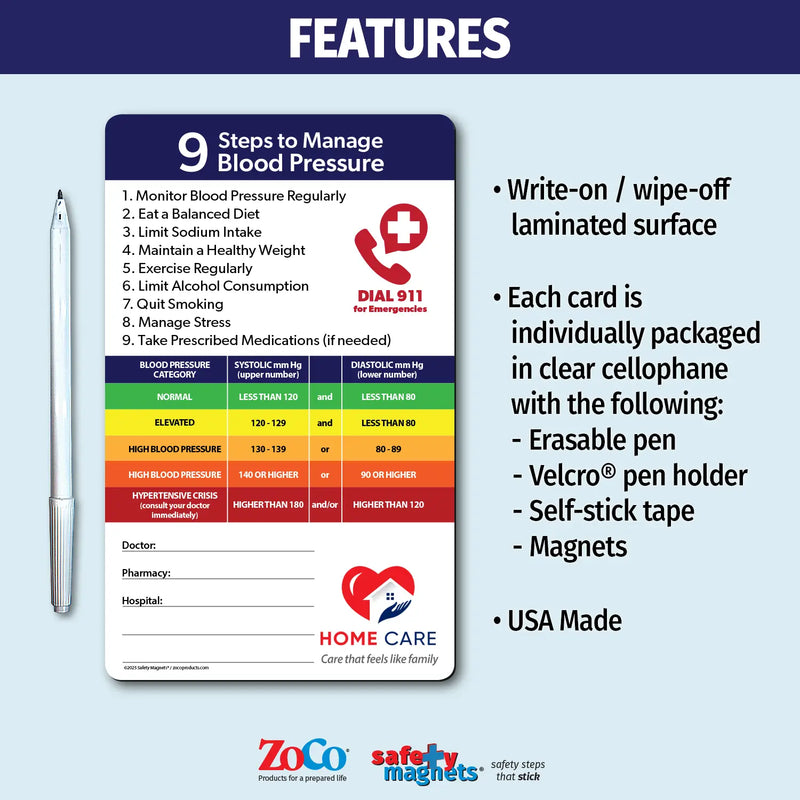 Blood pressure management magnet with 9 steps to maintain healthy levels, including monitoring regularly, eating a balanced diet, limiting sodium, exercising, reducing alcohol, quitting smoking, managing stress, and taking medications if prescribed. Features a color-coded blood pressure chart from normal to hypertensive crisis, with emergency contact fields and customizable logo/text area at the bottom.
