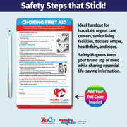 Choking first aid magnet with step-by-step instructions for infants under 1 year (back slaps and chest thrusts), children over 1 year and adults (abdominal thrusts), and unconscious victims (CPR). Includes emergency contact fields and customizable logo/text area.