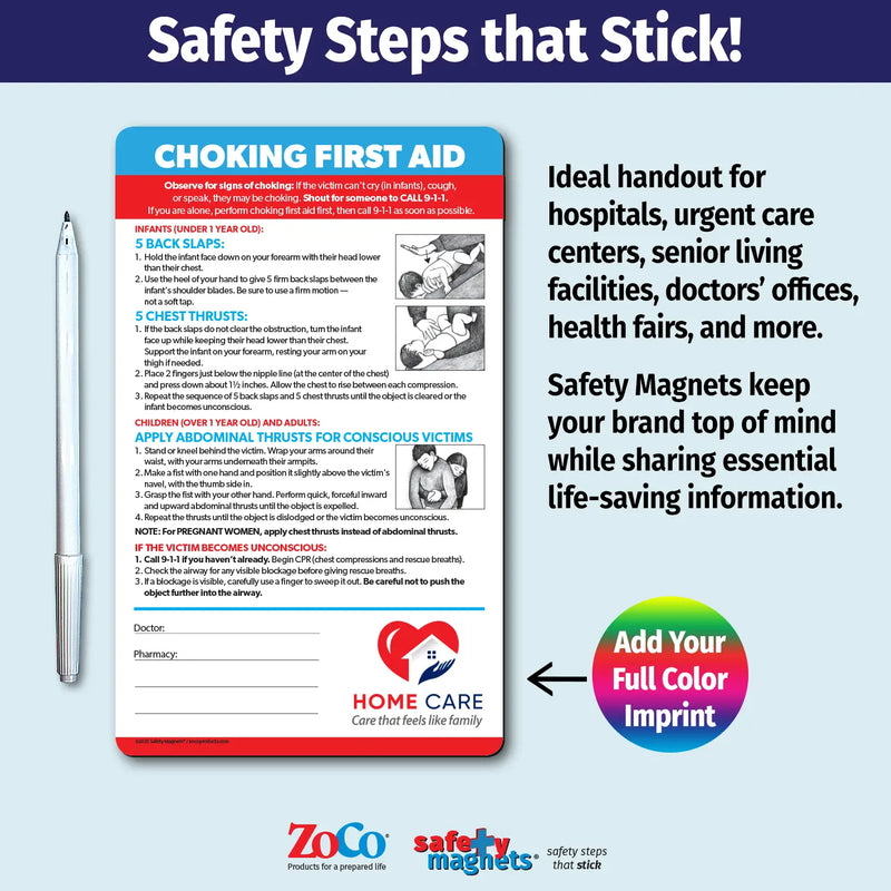 Choking first aid magnet with step-by-step instructions for infants under 1 year (back slaps and chest thrusts), children over 1 year and adults (abdominal thrusts), and unconscious victims (CPR). Includes emergency contact fields and customizable logo/text area.