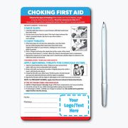 Choking first aid magnet with step-by-step instructions for infants under 1 year (back slaps and chest thrusts), children over 1 year and adults (abdominal thrusts), and unconscious victims (CPR). Includes emergency contact fields and customizable logo/text area.