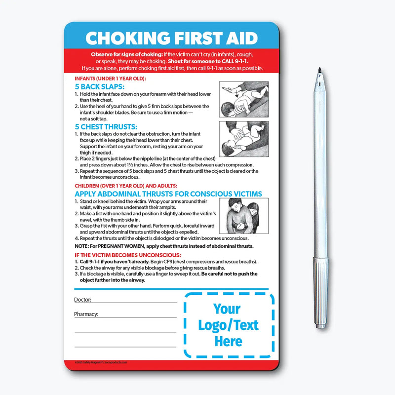 Choking first aid magnet with step-by-step instructions for infants under 1 year (back slaps and chest thrusts), children over 1 year and adults (abdominal thrusts), and unconscious victims (CPR). Includes emergency contact fields and customizable logo/text area.