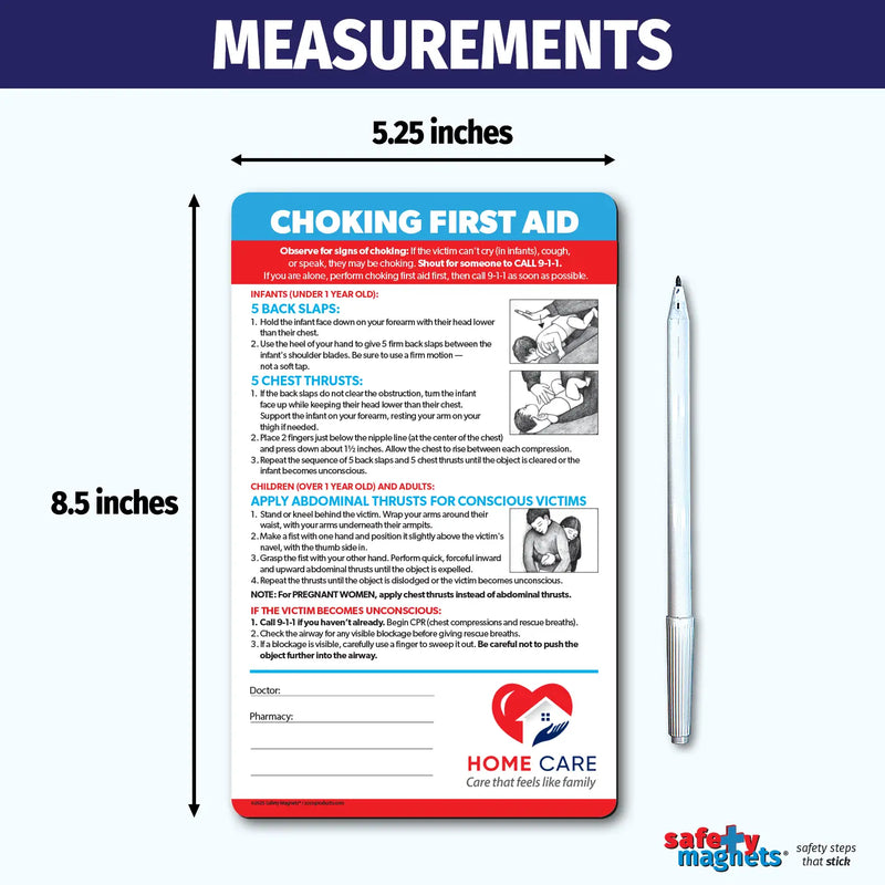 Choking first aid magnet with step-by-step instructions for infants under 1 year (back slaps and chest thrusts), children over 1 year and adults (abdominal thrusts), and unconscious victims (CPR). Includes emergency contact fields and customizable logo/text area.