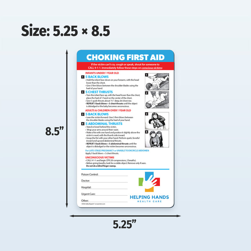 Choking first aid card with dimensions 5.25 x 8.5 on a light blue background