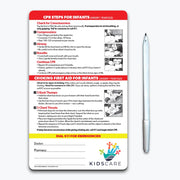 Infant CPR and choking first aid magnet for children under 1 year old. Includes illustrated step-by-step instructions for CPR—checking consciousness, chest compressions with two fingers, opening the airway, giving breaths, and repeating cycles. Also covers choking first aid with back thumps and chest thrusts. Emergency contact fields and customizable logo/text area at the bottom.
