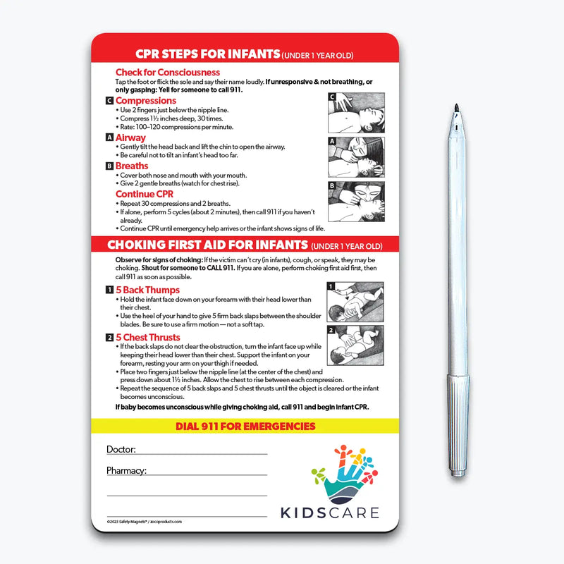 Infant CPR and choking first aid magnet for children under 1 year old. Includes illustrated step-by-step instructions for CPR—checking consciousness, chest compressions with two fingers, opening the airway, giving breaths, and repeating cycles. Also covers choking first aid with back thumps and chest thrusts. Emergency contact fields and customizable logo/text area at the bottom.