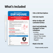 Earthquake safety card with pen and features listed on a white background