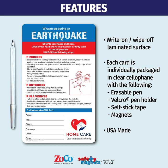 Earthquake emergency instruction magnet with steps for what to do indoors, outdoors, and in a vehicle. Advises dropping to hands and knees, covering head and neck, holding on until shaking stops, staying away from windows and heavy objects, avoiding elevators, and moving to safe open areas. Includes emergency contact fields and customizable logo/text area at the bottom.