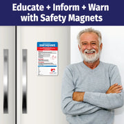 Earthquake emergency instruction magnet with steps for what to do indoors, outdoors, and in a vehicle. Advises dropping to hands and knees, covering head and neck, holding on until shaking stops, staying away from windows and heavy objects, avoiding elevators, and moving to safe open areas. Includes emergency contact fields and customizable logo/text area at the bottom.