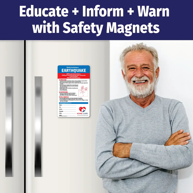 Earthquake emergency instruction magnet with steps for what to do indoors, outdoors, and in a vehicle. Advises dropping to hands and knees, covering head and neck, holding on until shaking stops, staying away from windows and heavy objects, avoiding elevators, and moving to safe open areas. Includes emergency contact fields and customizable logo/text area at the bottom.