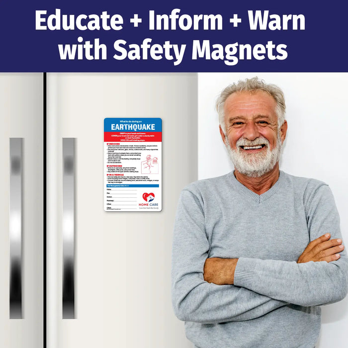 Earthquake emergency instruction magnet with steps for what to do indoors, outdoors, and in a vehicle. Advises dropping to hands and knees, covering head and neck, holding on until shaking stops, staying away from windows and heavy objects, avoiding elevators, and moving to safe open areas. Includes emergency contact fields and customizable logo/text area at the bottom.