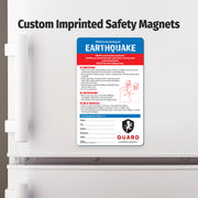Safety magnet on a refrigerator door with earthquake preparedness information.