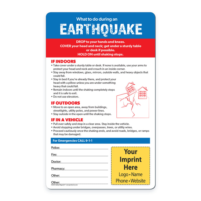 Custom Safety Magnet on earthquake procedures with a blue border and red warning section.
