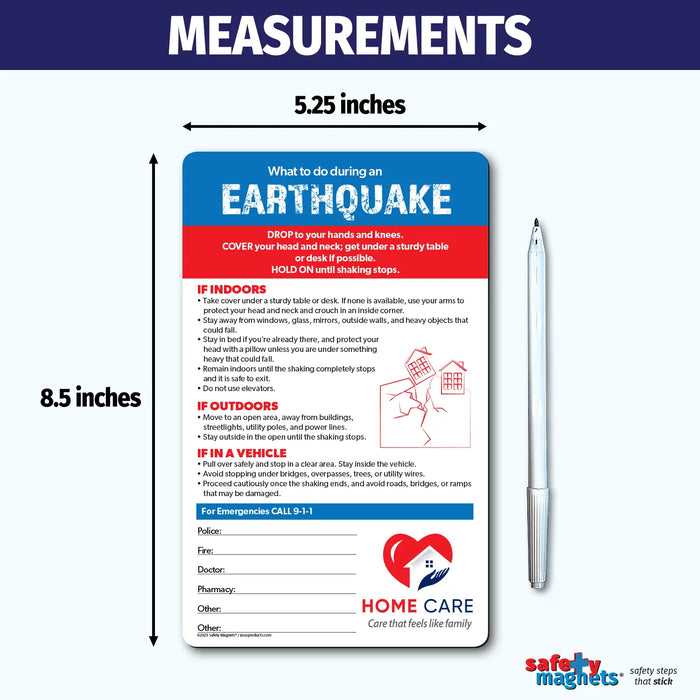 Earthquake emergency instruction magnet with steps for what to do indoors, outdoors, and in a vehicle. Advises dropping to hands and knees, covering head and neck, holding on until shaking stops, staying away from windows and heavy objects, avoiding elevators, and moving to safe open areas. Includes emergency contact fields and customizable logo/text area at the bottom.