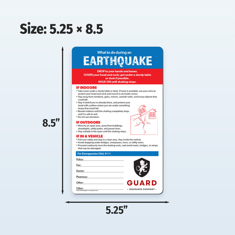 Earthquake safety card with dimensions 