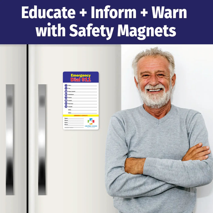 Emergency contact magnet with bold 'Emergency Dial 911' header. Includes fill-in lines for police, fire, poison control, ambulance, doctor, dentist, pharmacy, hospital, and additional contacts. Features customizable logo/text area at the bottom."