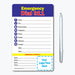 Emergency contact magnet with bold 'Emergency Dial 911' header. Includes fill-in lines for police, fire, poison control, ambulance, doctor, dentist, pharmacy, hospital, and additional contacts. Features customizable logo/text area at the bottom."