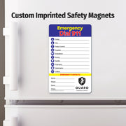 Custom imprinted safety magnet on a refrigerator door with emergency contact information.