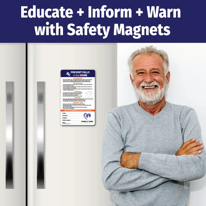 Fall prevention safety magnet with tips for reducing fall risks around the home. Includes general safety advice plus room-specific recommendations for the front door, bathroom, bedroom, and stairways/halls. Encourages installing grab bars, using non-slip mats, and improving lighting. Features emergency contact fields and customizable logo/text area.