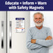 Fall prevention safety magnet with tips for reducing fall risks around the home. Includes general safety advice plus room-specific recommendations for the front door, bathroom, bedroom, and stairways/halls. Encourages installing grab bars, using non-slip mats, and improving lighting. Features emergency contact fields and customizable logo/text area.
