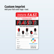 Stroke awareness card with F.A.S.T. acronym and contact information on a light gray background