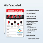 Stroke awareness card with F.A.S.T. acronym and additional information on a light gray background