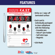 Stroke awareness magnet featuring the F.A.S.T. acronym: Face drooping, Arm weakness, Speech difficulty, and Time to call 911. Includes silhouettes illustrating additional stroke symptoms like sudden numbness, headache, walking trouble, vision issues, and confusion. Emergency contact fields and customizable logo/text area included.